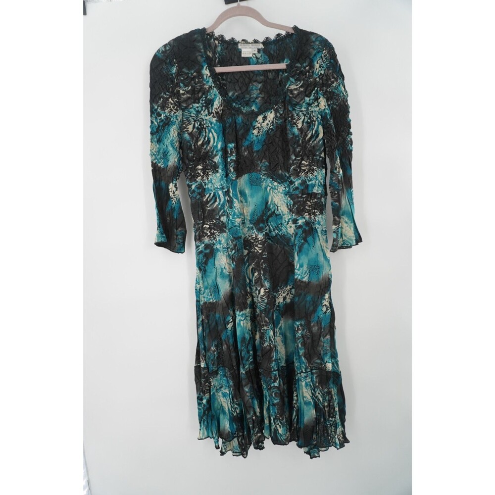 Alberto Makali Crinkle Y2K Dress Teal Blue Abstract Print Ruffle Tiered Size M